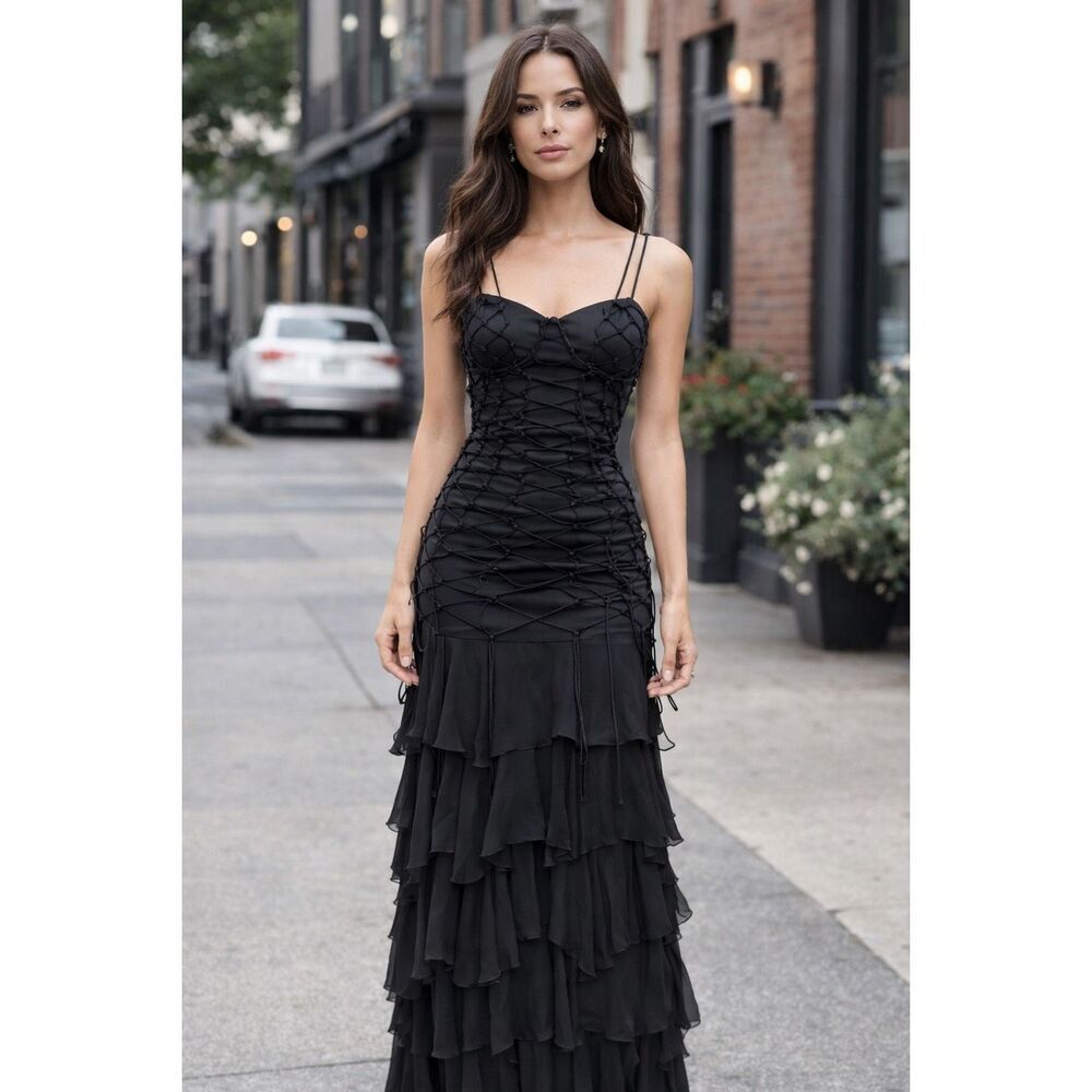 Tufi Duek Corset Lace-Up Tiered Chiffon Gown Black Size XS
